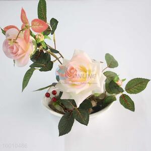 Top Quality Plastic Pink Rose Artificial Flower Bonsai Set Fake Plant
