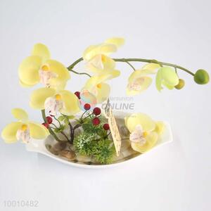 Light Yellow Butterfly Orchid Artificial Flower Bonsai for Desk Indoor Decoration