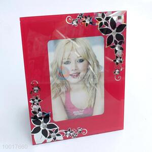 Rose red glass photo frame with black flower pattern