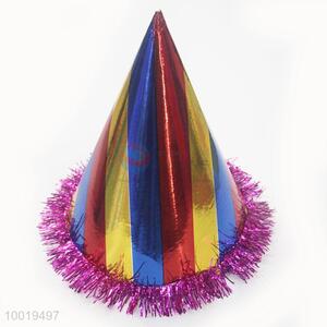 Striped paper party hat with red shinny fringe