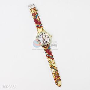High Quality PU Colorized Wrist Watch with Eiffel Tower Pattern and Stainless Steel Back