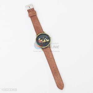 Brown PU Colorized Wrist Watch with Electromobile Pattern and Stainless Steel Back