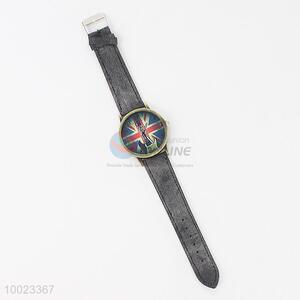 Black PU Colorized Wrist Watch with the Union Jack Pattern and Stainless Steel Back