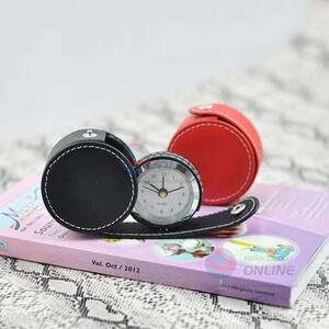 Red/black round shaped travel metal clock pu leather cover