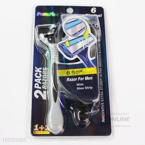 Hot Sale 13.5cm Grey Disposable Razor with 6 Blades for Men with Non-slip Grip, 2Pieces/Set