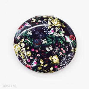 Flower Pattern Black Round Foldable Pocket Mirror