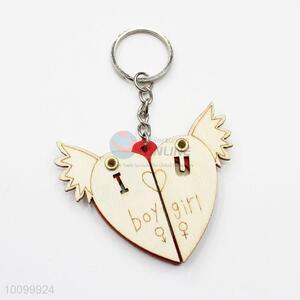 New Design Heart Shaped Wooden Key Chain with Wings