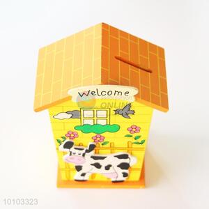 Yellow House Shaped Cartoon Wooden Money Pot Cute Gift for Kids
