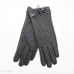 Fashion Dark Gary Dots Mirco Velvet Gloves with Bowknot