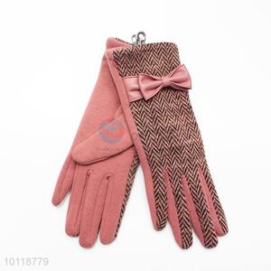 Pink Ripple Pattern Wool Gloves with Bowknot