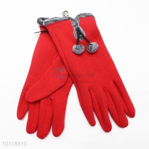 Red Mirco Velvet Gloves with Hairball Decoration