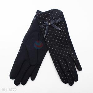 Dark Blue Dots Mirco Velvet Gloves with Simple Bowknot