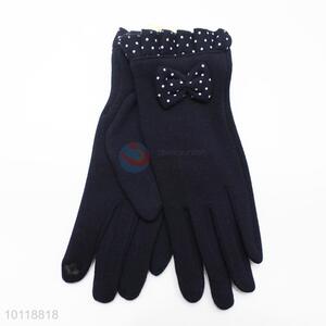 Elegant Dark Blue Dots Mirco Velvet Gloves with Bowknot