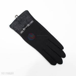 Elegant Black Mirco Velvet Gloves with Lace Bowknot