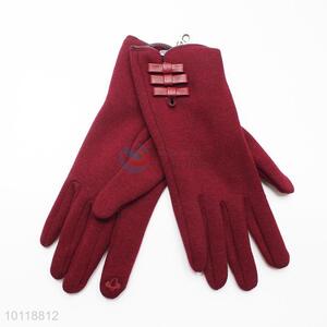 Wine Red Mirco Velvet Gloves with Cute Bowknot