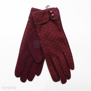 Wine Red Dots Pattern Gloves with Button Decoration
