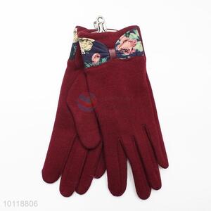 Women Red Mirco Velvet Gloves with Flower Bowknot