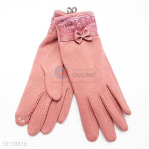 Elegant Pink Dots Mirco Velvet Gloves with Lace Bowknot