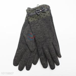 Women Dark Gary Mirco Velvet Gloves with Bowknot