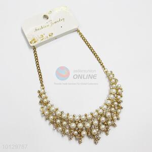 Factory price pearl&clear stone gold alloy statement necklace