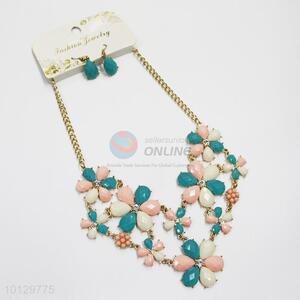 Recent design colorful stoned flower shaped alloy necklace&blue stoned earrings set