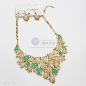 Colorful round cab alloy necklace&earrings set
