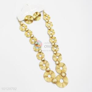 Gold textured flat circle alloy necklace&earrings set