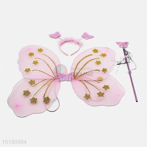 Factory Direct Sale Girls Party 3PCS Pink Butterfly Wings Costume With Headband&Wand