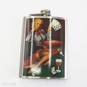Vintage Style Lady Printed Stainless Steel Plastic Camping Flagon Hip Flask