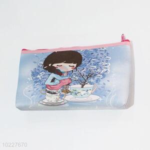 Cute Blue Cartoon Girl Printed Portable PVC Leather Mini Wallet Clutch Bag Mini Purse
