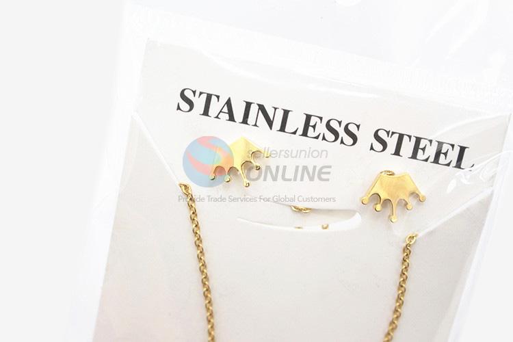 Bottom price good quality women stainless steel crown necklace&earrings set
