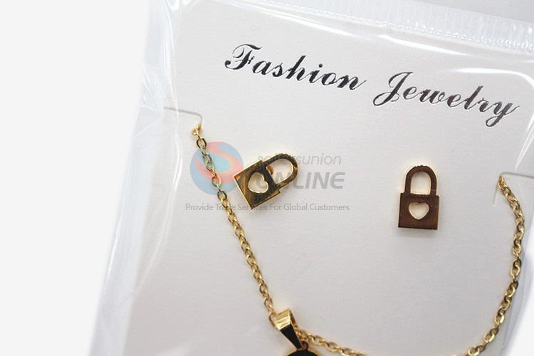 Popular design promotional women stainless steel lock necklace&earrings set