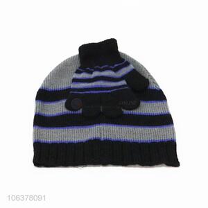 Hot selling boys winter striped knitted hat and gloves set