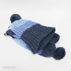 High sales women winter blue acrylic knitting beanie and scarf set