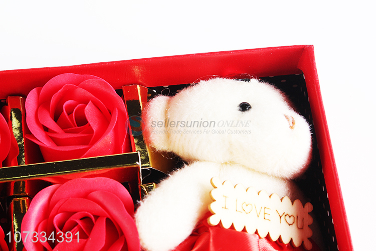 Latest style home decoration soap flowers pufumed roses with bear