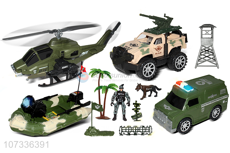 Newest Inertia Pickup Truck/Helicopter Rubber Boat Military Vehicle Toy Set