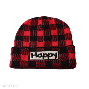 Factory wholesale red plaid print warm knitted hat hedging cap