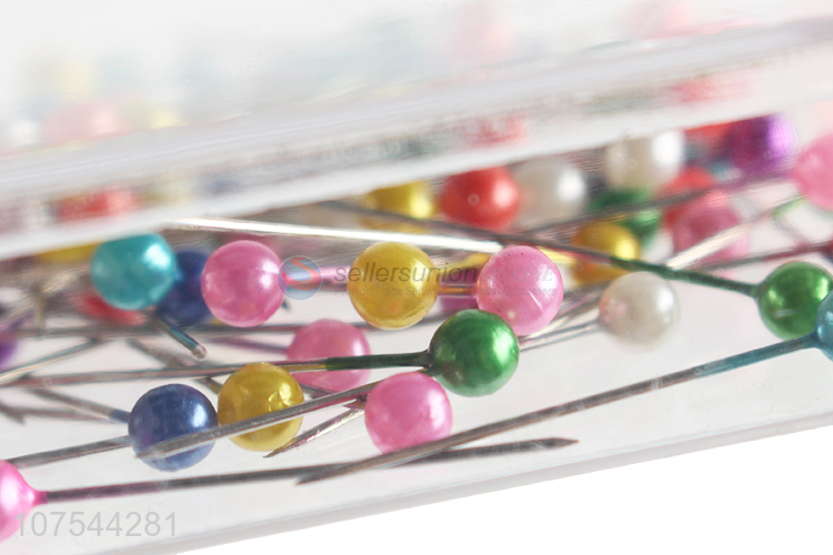High quality 100pcs round colorful plastic pearl head pins long straight sewing pins