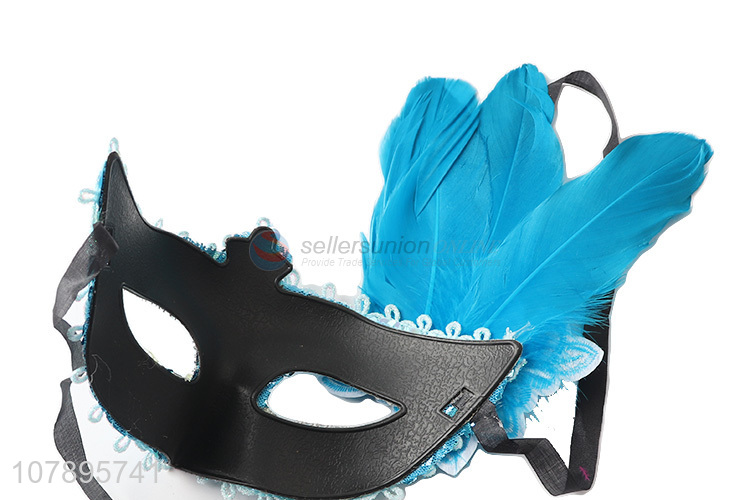 Best price blue half face party masks with feather wholesale
