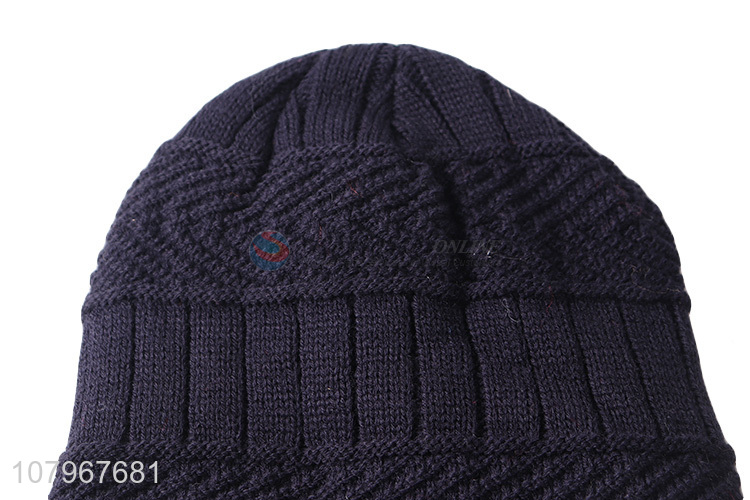 Wholesale men winter thickened fleece lined knitted beanie cap earmuffs hat