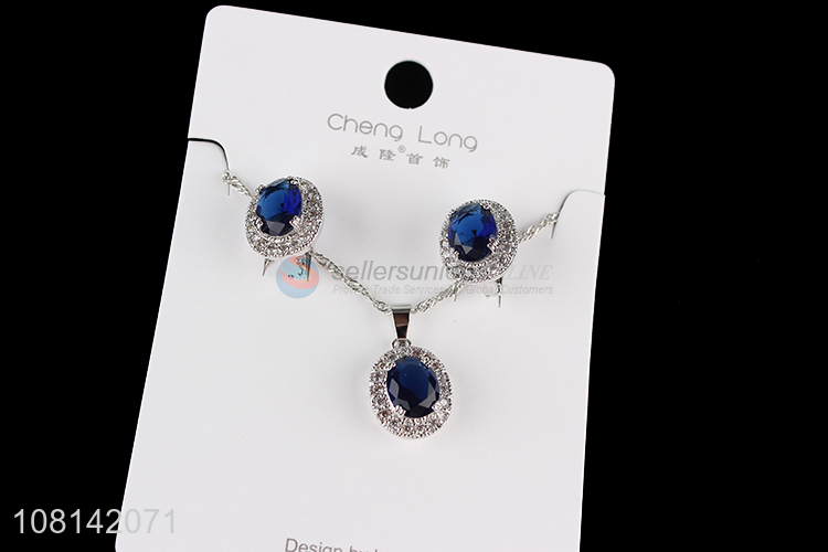 Wholesale blue gemstone pendant necklace and earring set for party