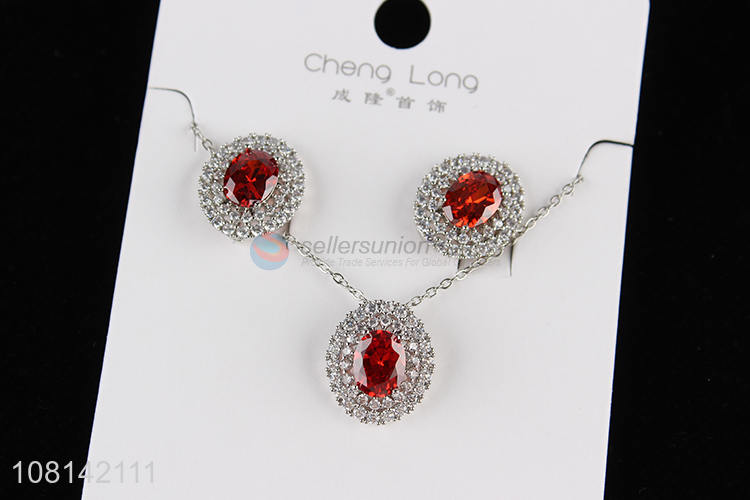 Fashion design rhinestone ruby pendant necklace and earring set
