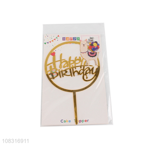 Best price round golden happy birthday cake topper for decoration
