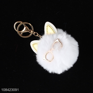 Hot selling furry puff ball keychain pu leather key chains