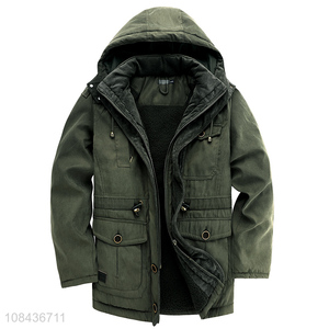 High quality men's winter hoodie coat multi pockets fleece lined zippered jacket