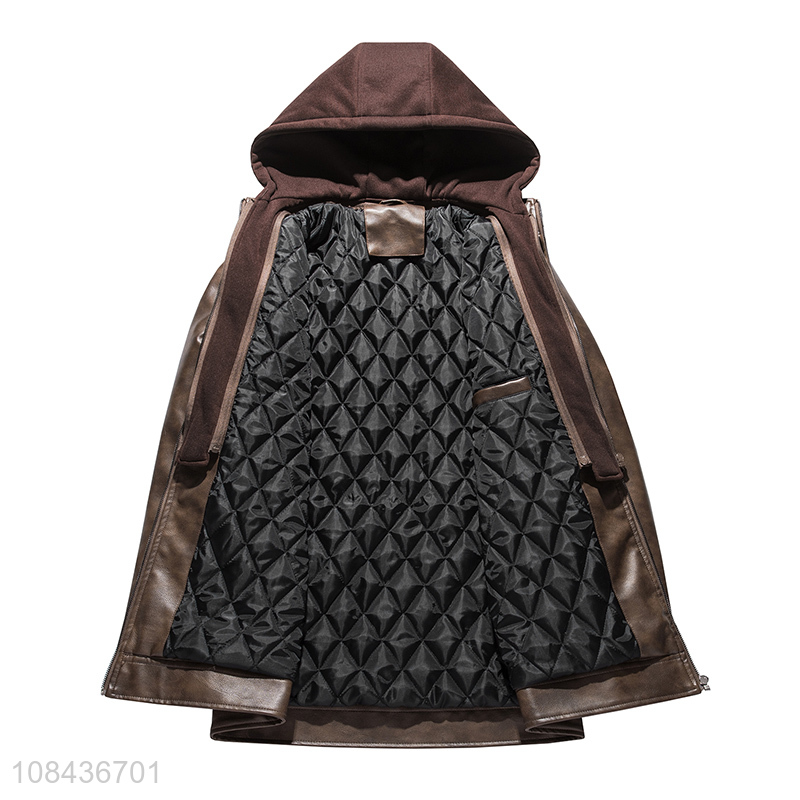 Wholesale men's pu leather quilted jacket winter detachable hooded plus size jacket