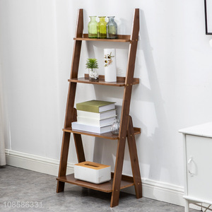 Wholesale 4-tier bamboo ladder storage shelves floor standing bookshelves