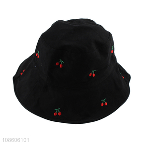 Good quality summer cherry embroidered reversible bucket hat for kids