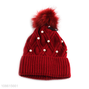 Low price red thickened winter women beanies hat with pearl