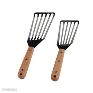China import wooden handle stainless steel cooking spatula slotted turner